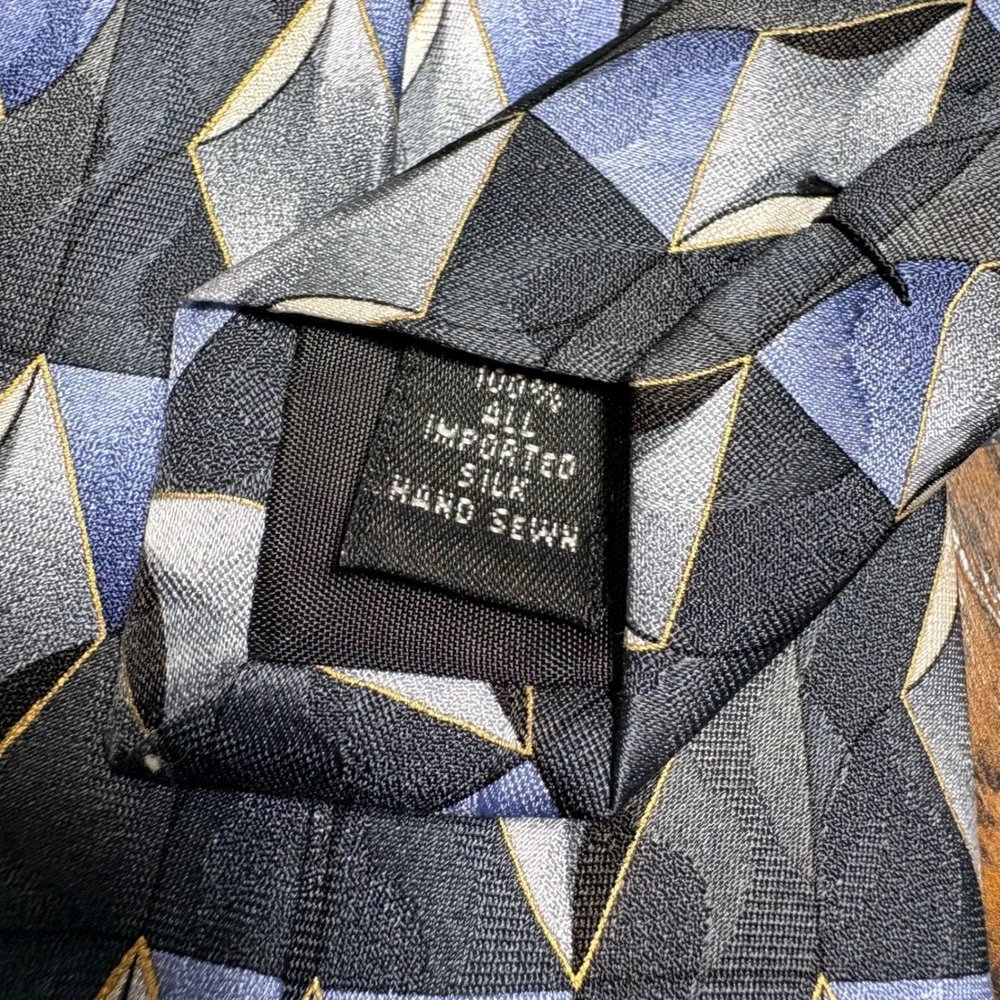 Facets‎ Necktie Mens Blue Grey Excellent Geometric Diamond Silk Hand Sewn